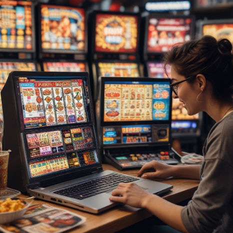 A person excitedly explores a slot machine game on their laptop, surrounded by sports memorabilia and snacks.
