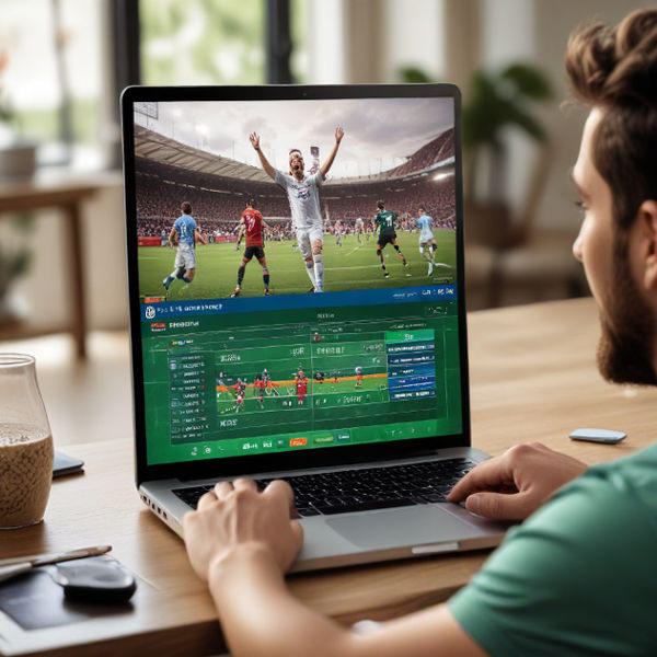 Person excitedly watching a sports event on their TV, with InaTogel’s betting interface displayed on his laptop screen.