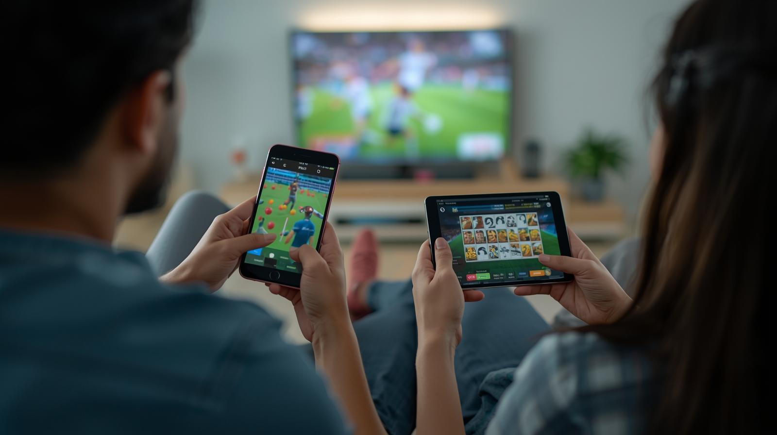 Malaysian friends using devices with blurred screens while football match plays in background.