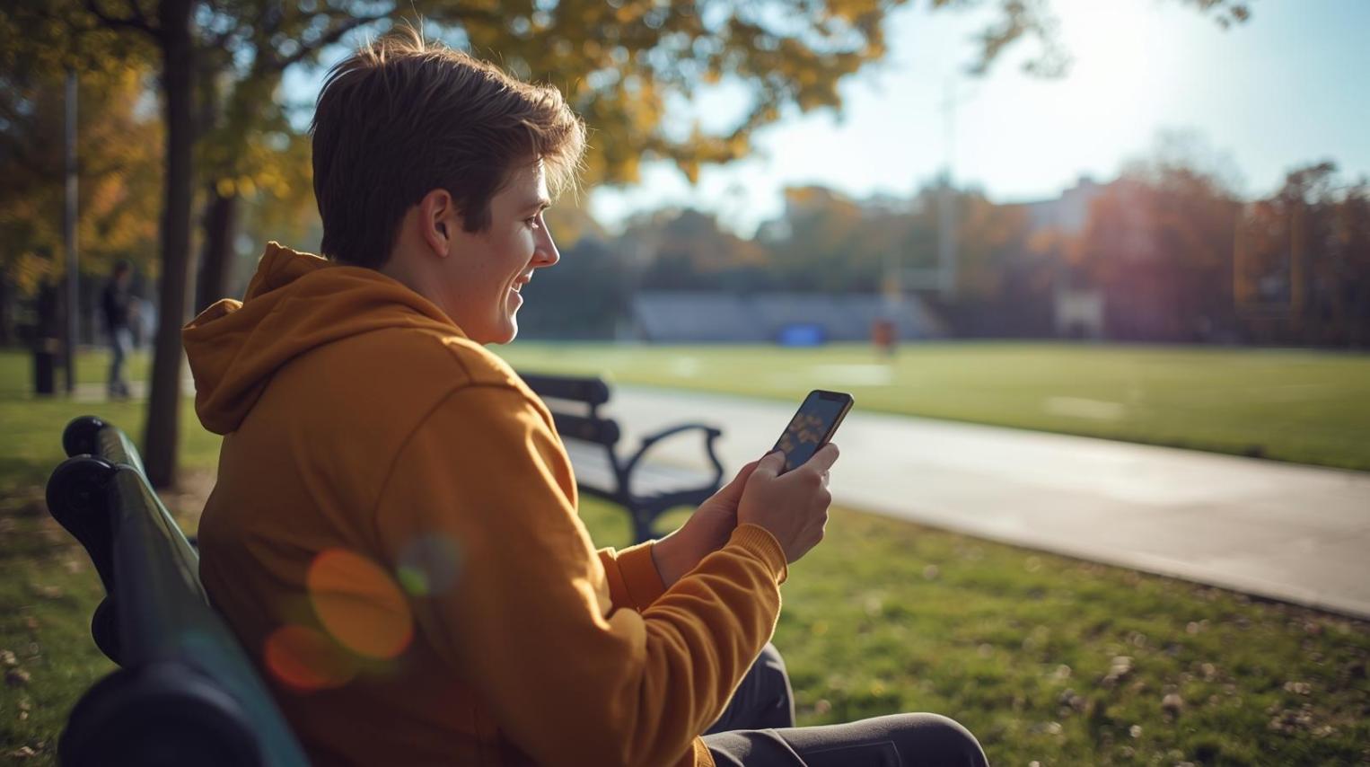 A relaxed sports fan using a smartphone outdoors in a calm, responsible atmosphere.