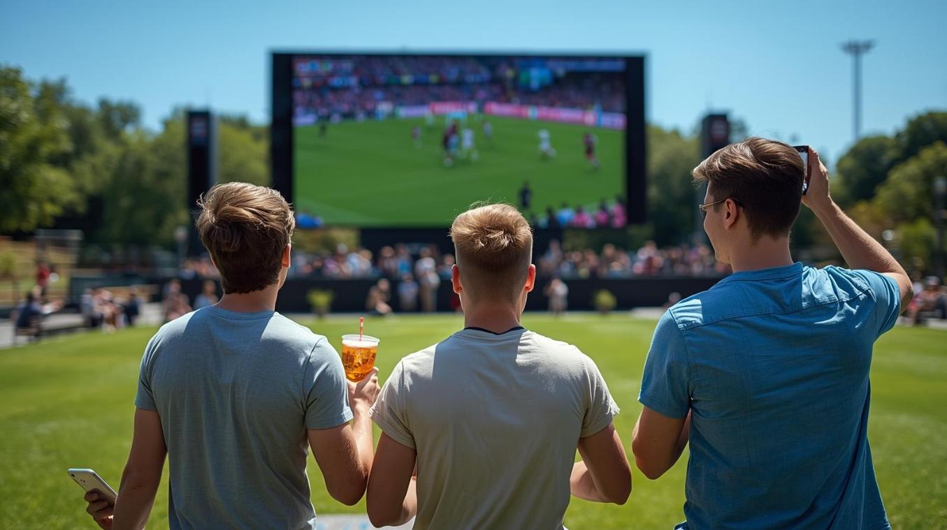 Happy sports fans watching outdoor match together in sunny park setting.