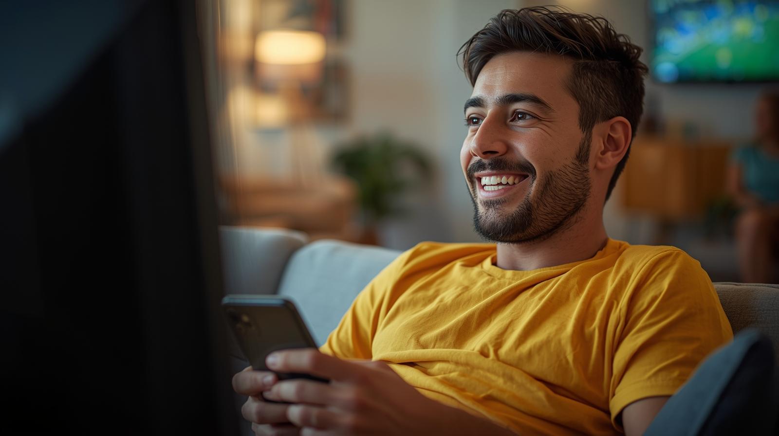 Smiling sports fan enjoying a football match while casually checking betting app responsibly.