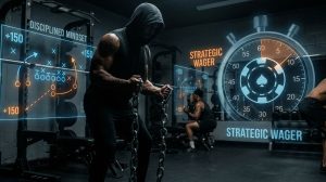 Powerful sports warrior imagery with athletes training intensely, strategic diagrams overlaying betting odds, disciplined mindset theme, dramatic lighting blending sports and gambling elements.
