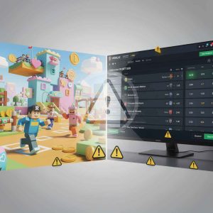 A colorful Roblox-style gaming environment on one side and a serious sports betting interface on the other, with warning symbols subtly integrated to represent caution and awareness
