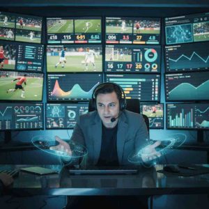 A sports analyst reviewing multiple screens with data charts, live match statistics, predictive graphs, modern tech environment, intense focus, blending sports action with digital analytics visuals