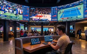 A dynamic scene showing multiple sports—football, basketball, and tennis—displayed on screens with betting odds and bettor analyzing data