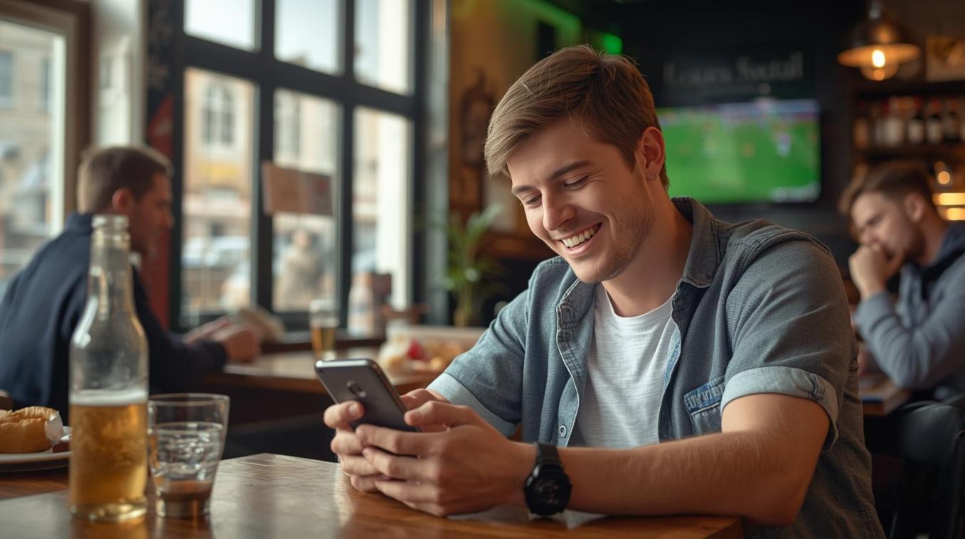 Football fans enjoy relaxed sports betting conversations during a bright weekend matchday gathering.