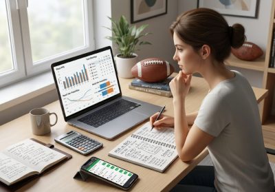 a sports bettor carefully analyzing statistics on a laptop, with a notebook, calculator, smartphone displaying sports schedules, and subtle sports equipment such as a football and basketball nearby